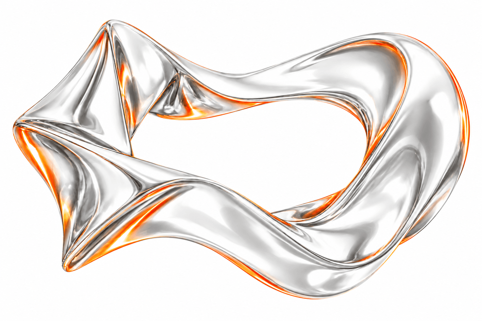 A bright white chrome ribbon with orange reflections breaking open into an abstract loop